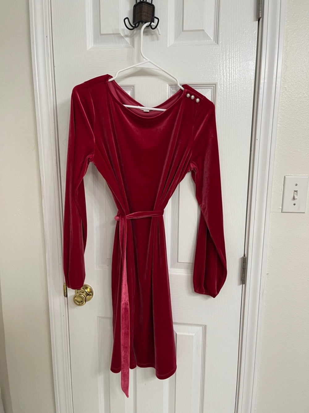 Charter Club Red Velvet Long-Sleeve Belted Dress with Pearl Buttons